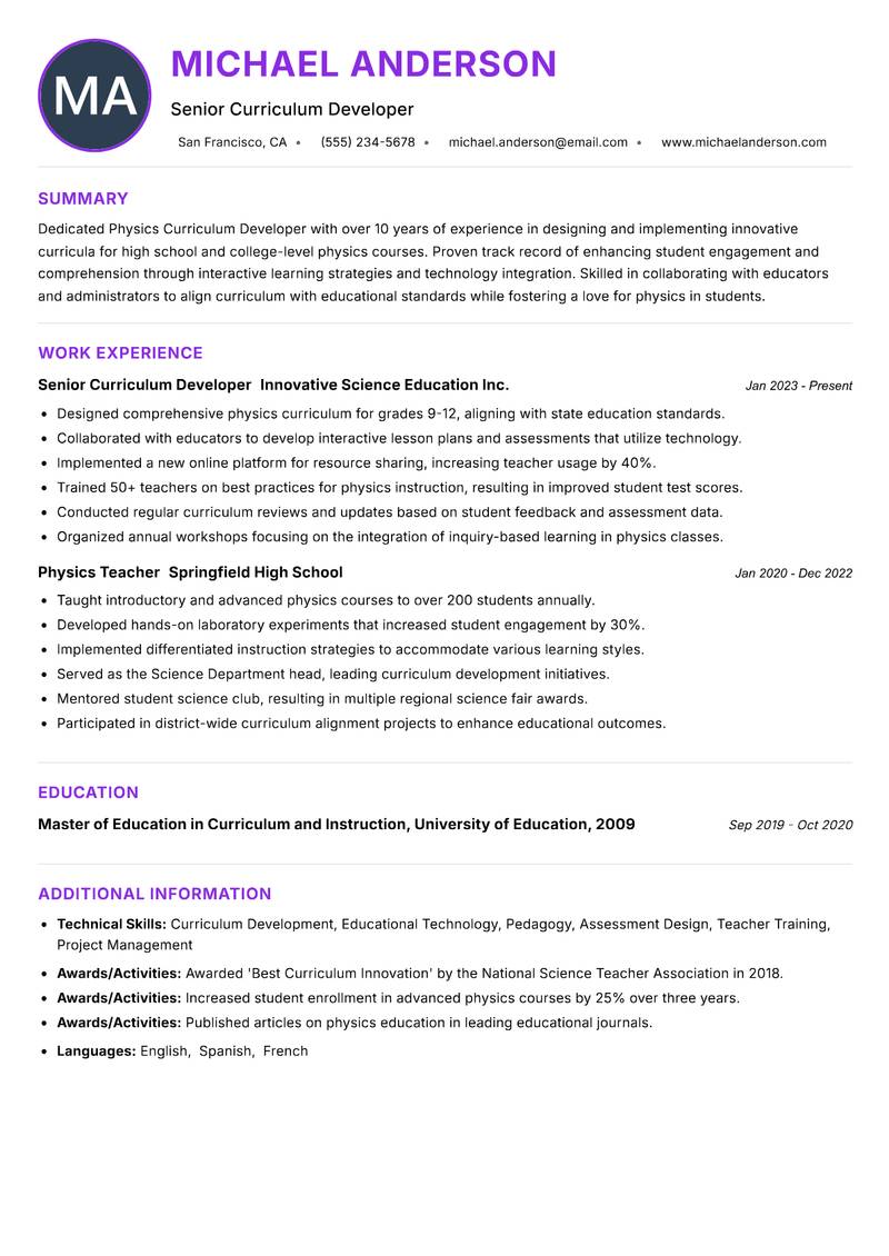 Physics Curriculum Developer resume example — ATS-friendly template