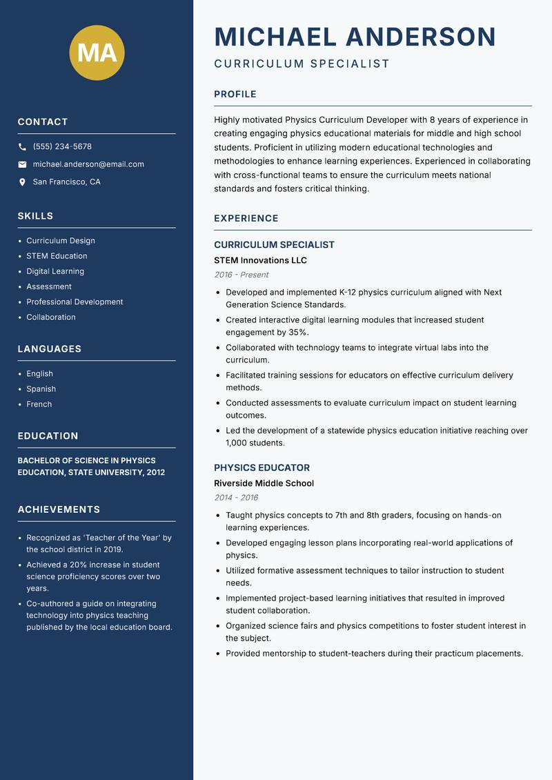 Physics Curriculum Developer resume template — Classic Clean