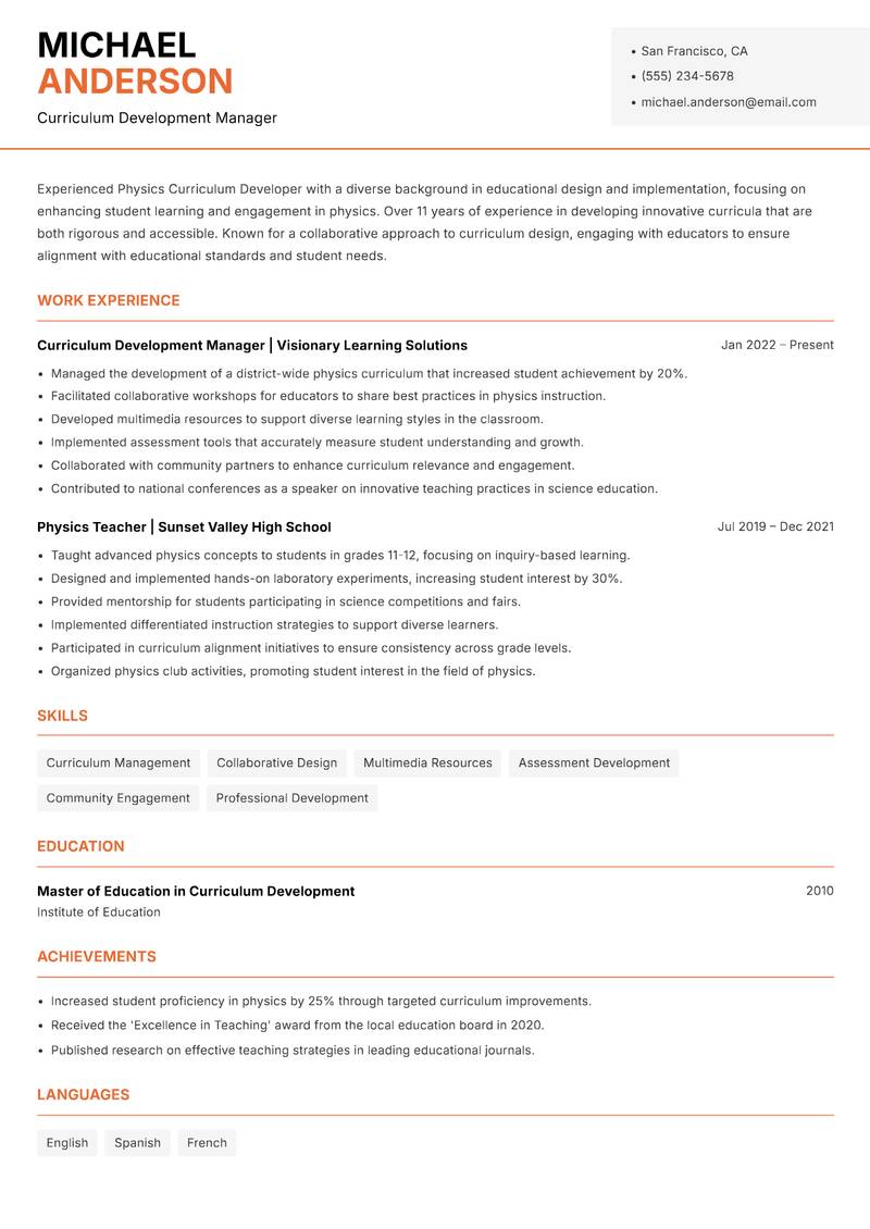 Physics Curriculum Developer resume template — Modern Professional