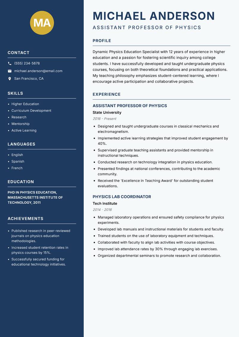 Physics Education Specialist resume template — Classic Clean