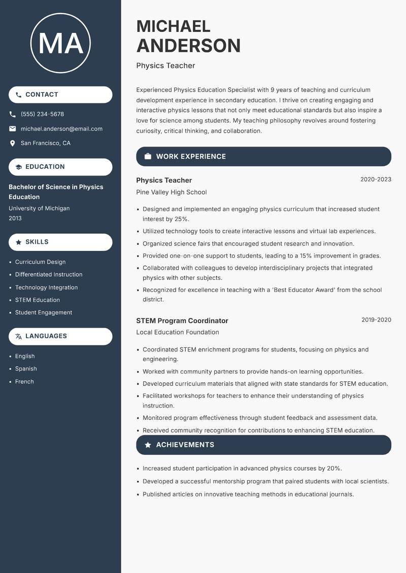 Physics Education Specialist resume template — Compact
