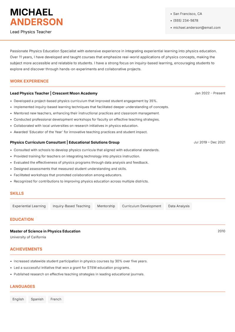 Physics Education Specialist resume template — Modern Professional