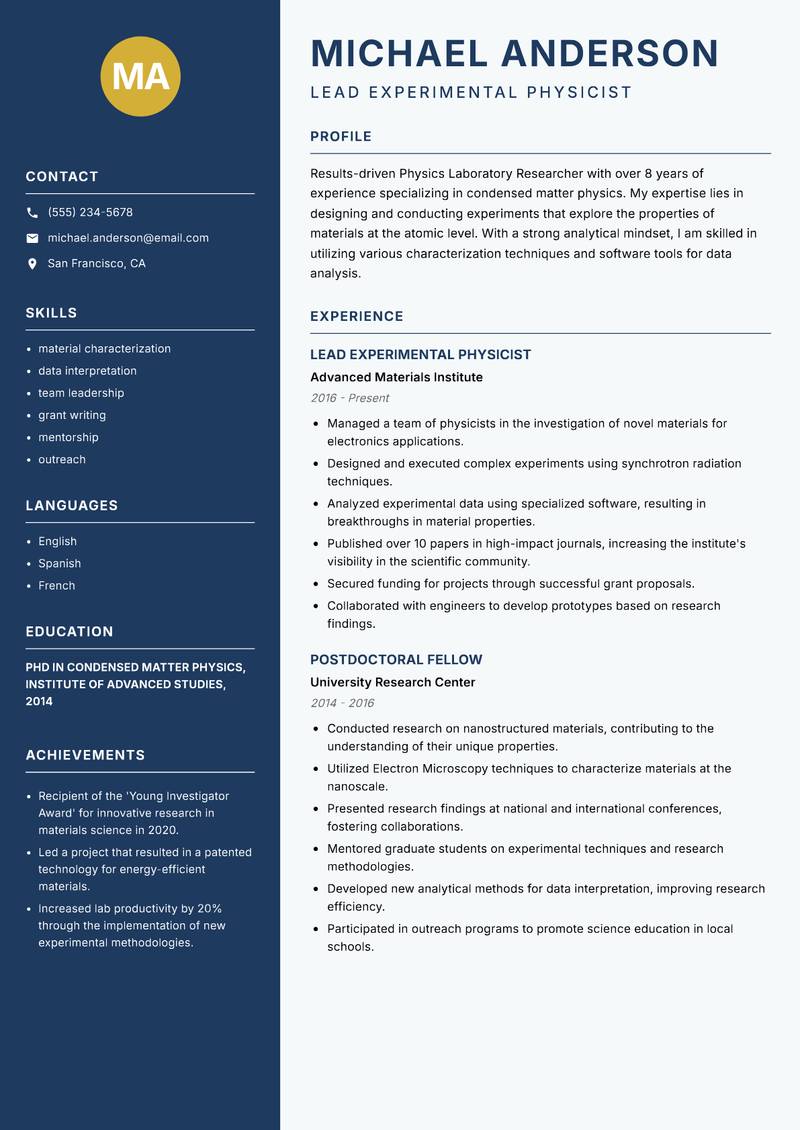 Physics Laboratory Researcher resume template — Classic Clean