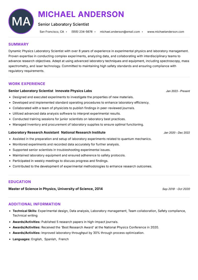 Physics Laboratory Scientist resume example — ATS-friendly template