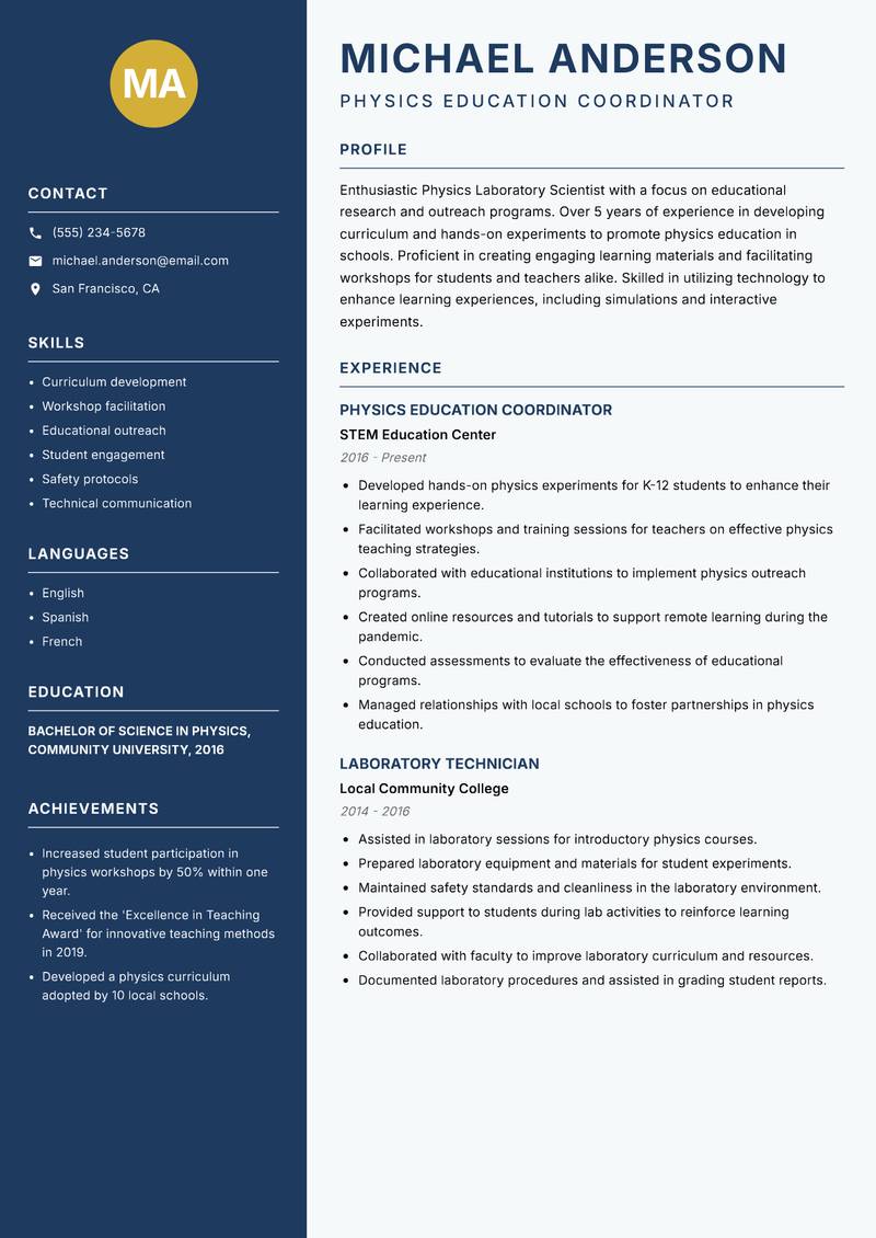 Physics Laboratory Scientist resume template — Classic Clean