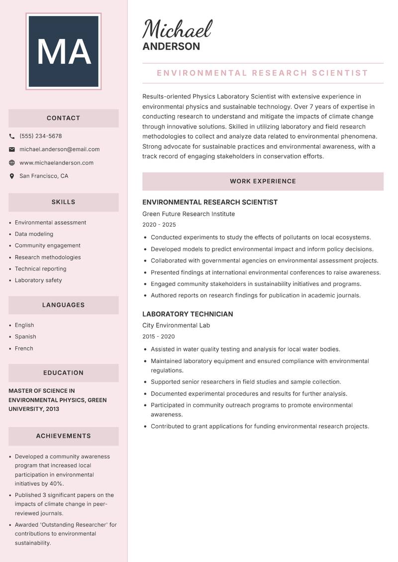 Physics Laboratory Scientist resume template — Executive