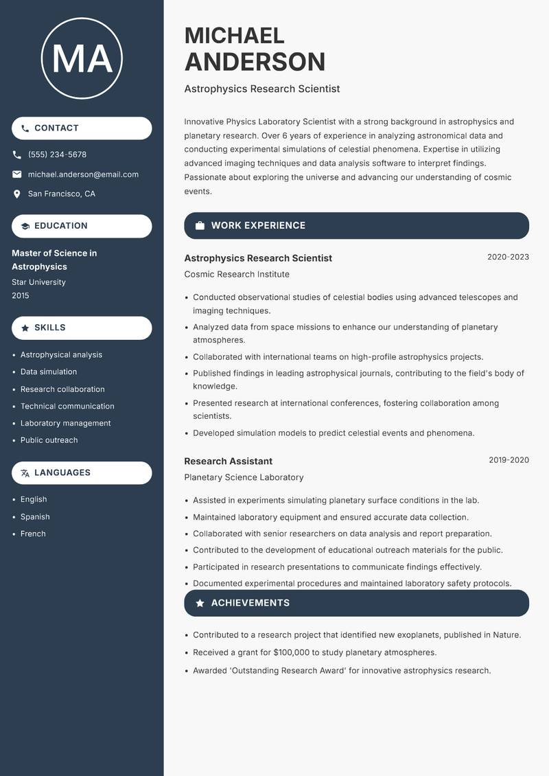 Physics Laboratory Scientist resume template — Compact