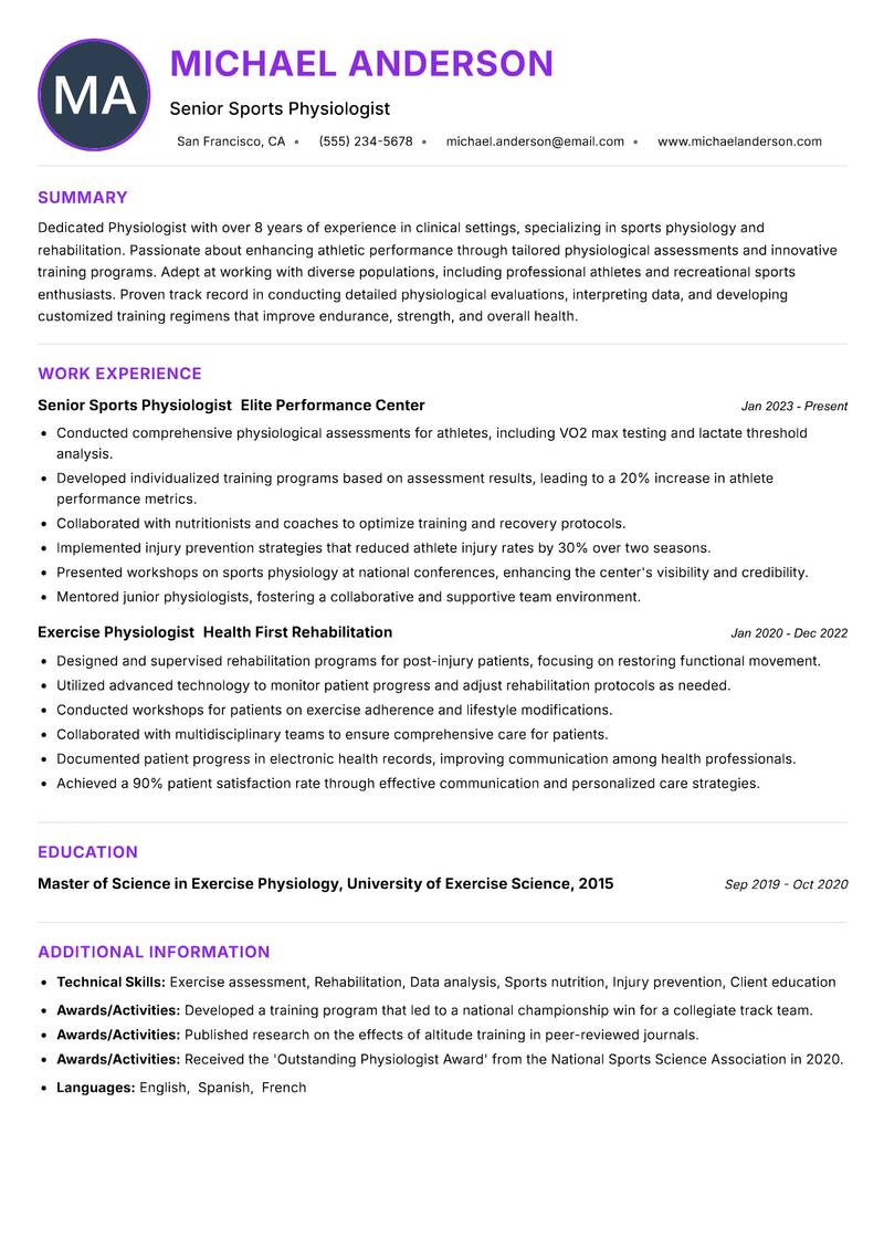 Physiologist resume example — ATS-friendly template