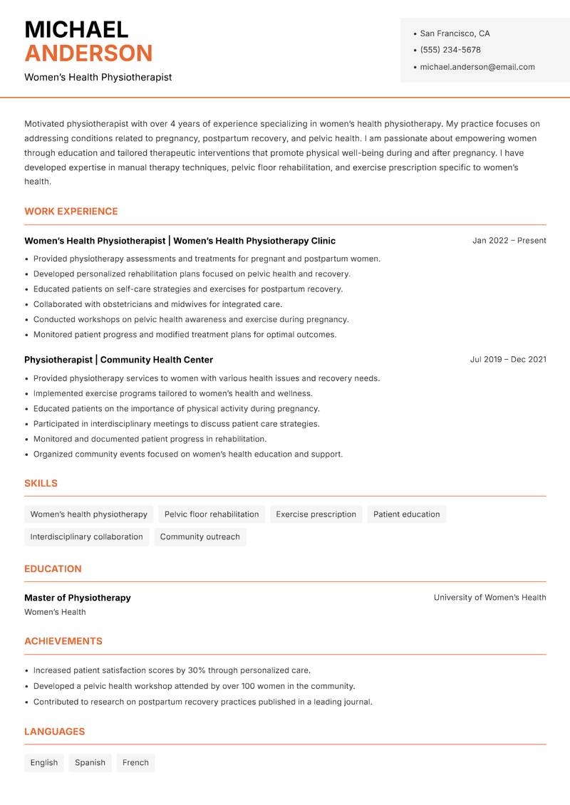 Physiotherapist resume template — Modern Professional