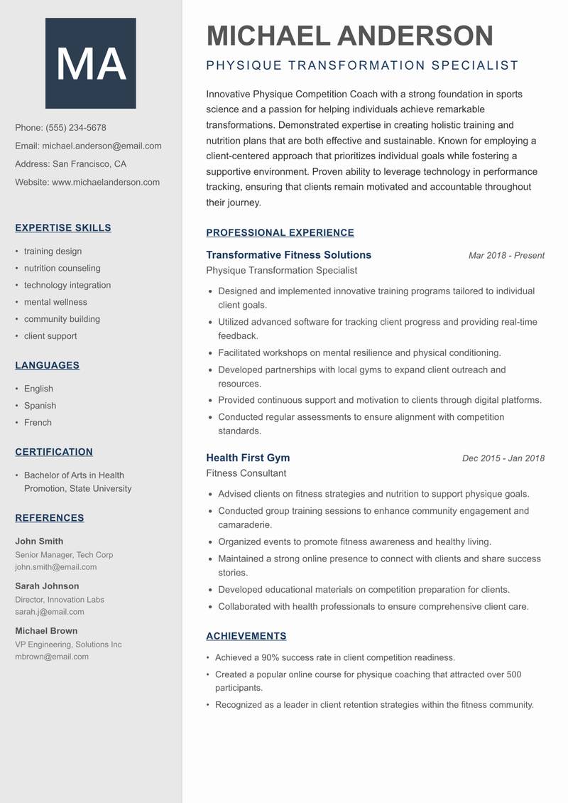 Physique Competition Coach resume template — Creative Minimal