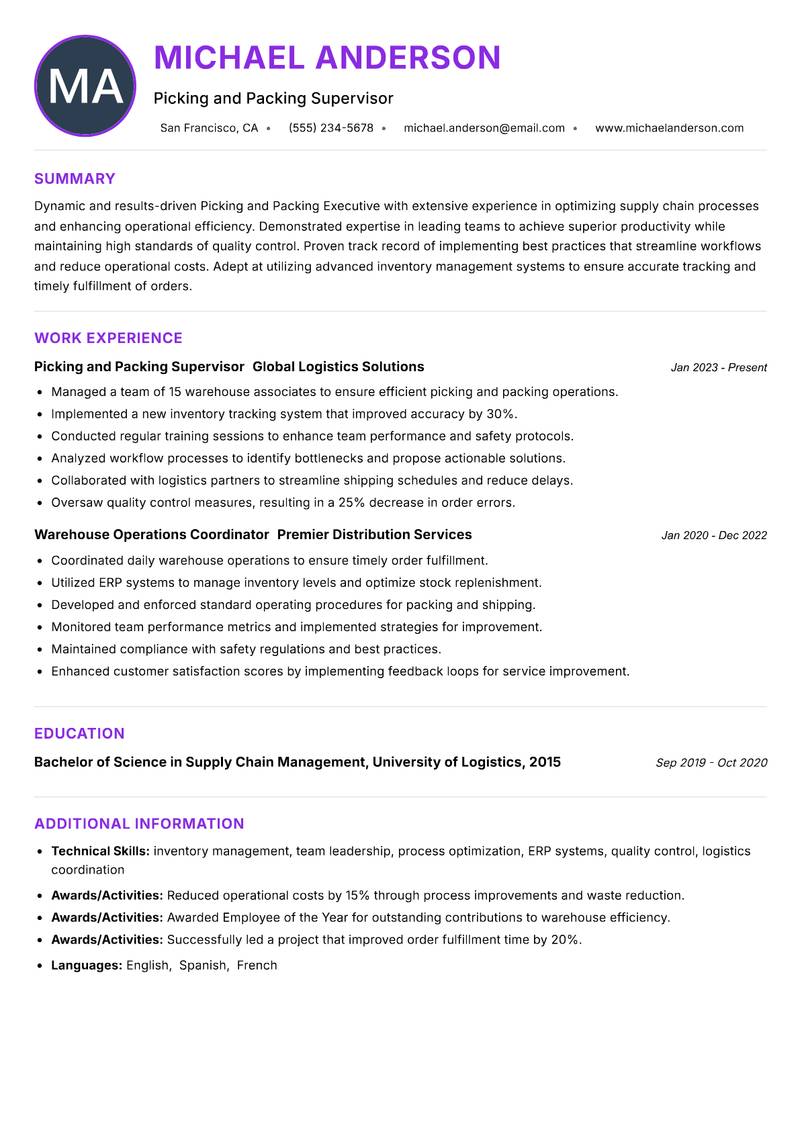 Picking and Packing Executive resume example — ATS-friendly template