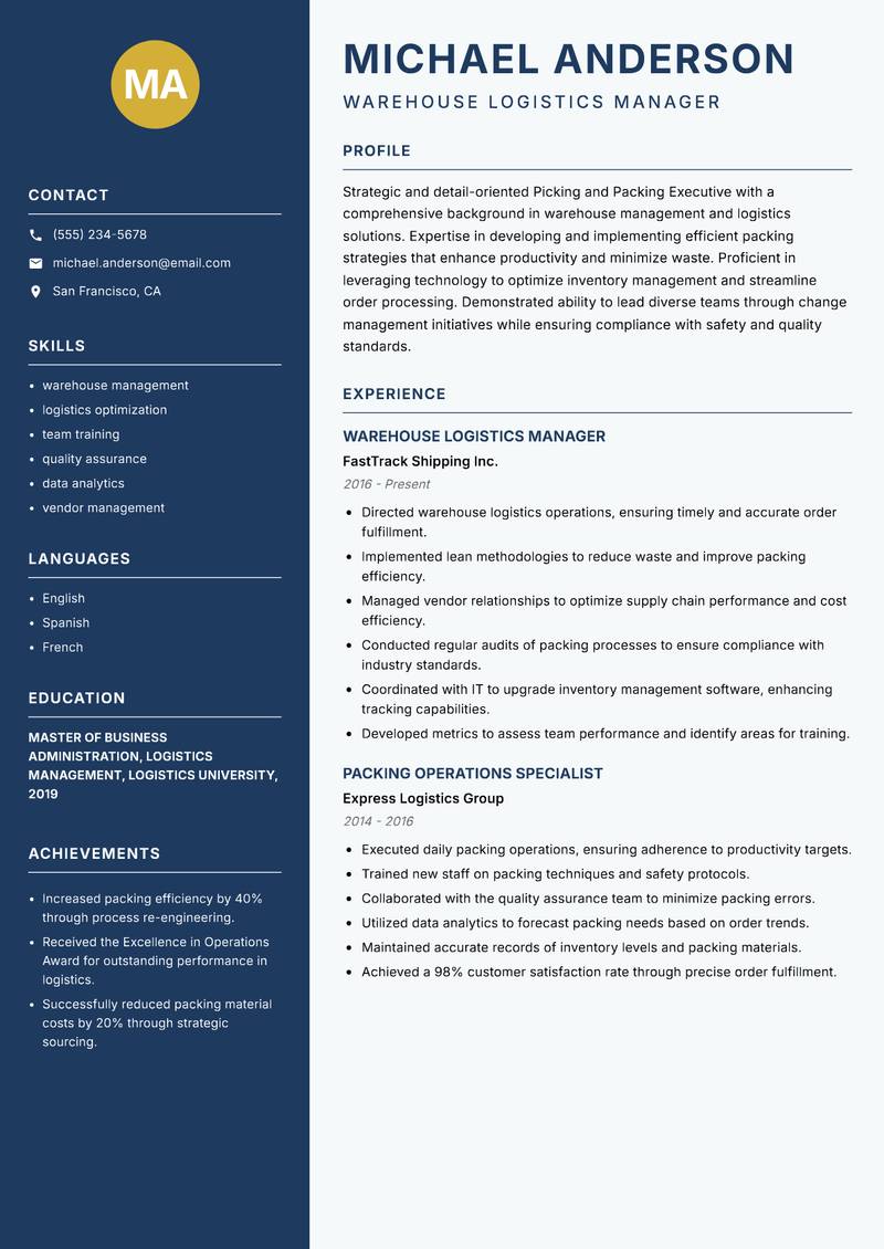 Picking and Packing Executive resume template — Classic Clean