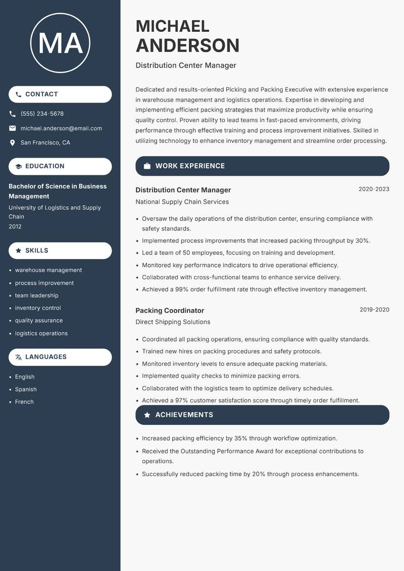 Picking and Packing Executive resume template — Compact