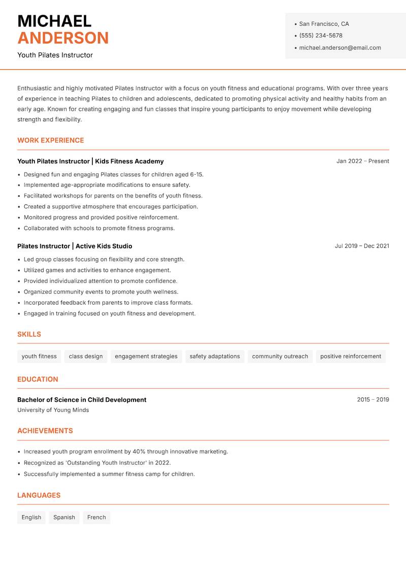 Pilates Instructor resume template — Modern Professional