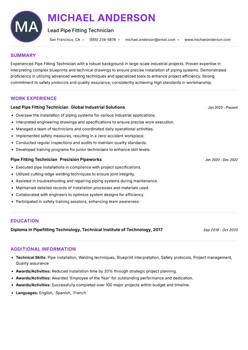 Pipe Fitting Technician resume example — ATS-friendly template