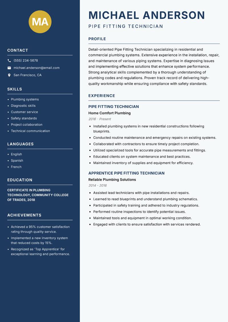 Pipe Fitting Technician resume template — Classic Clean