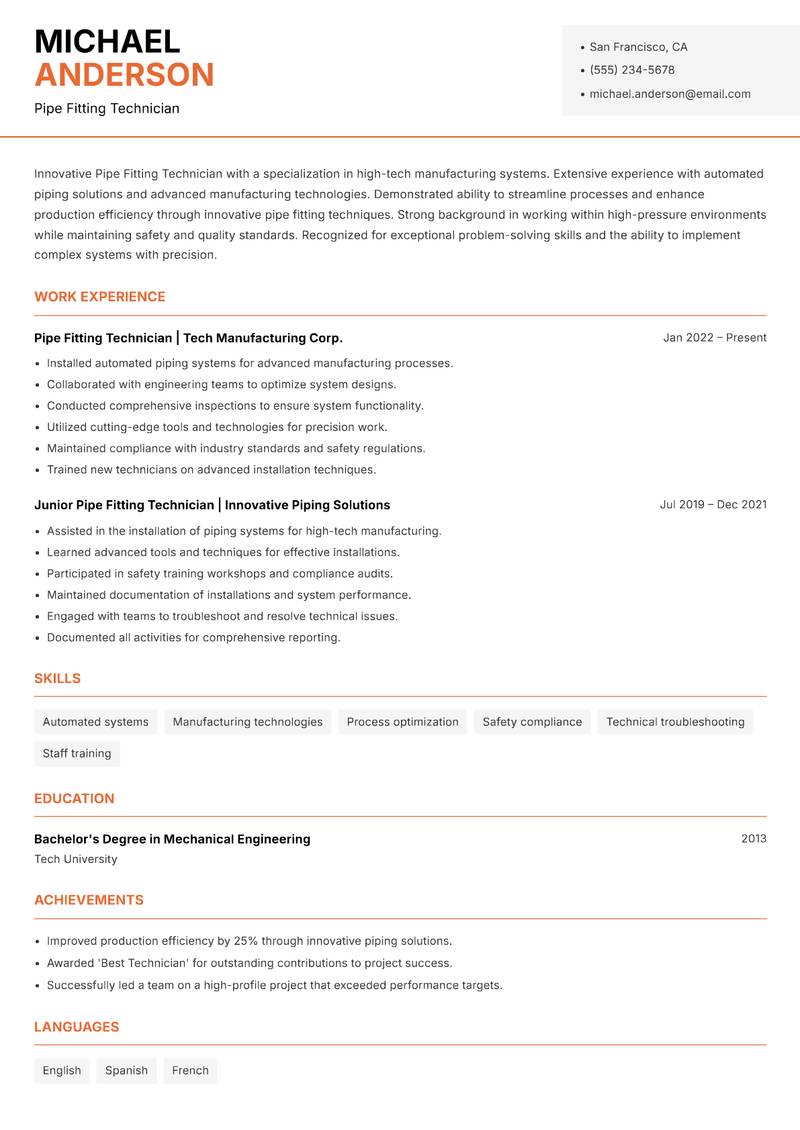 Pipe Fitting Technician resume template — Modern Professional