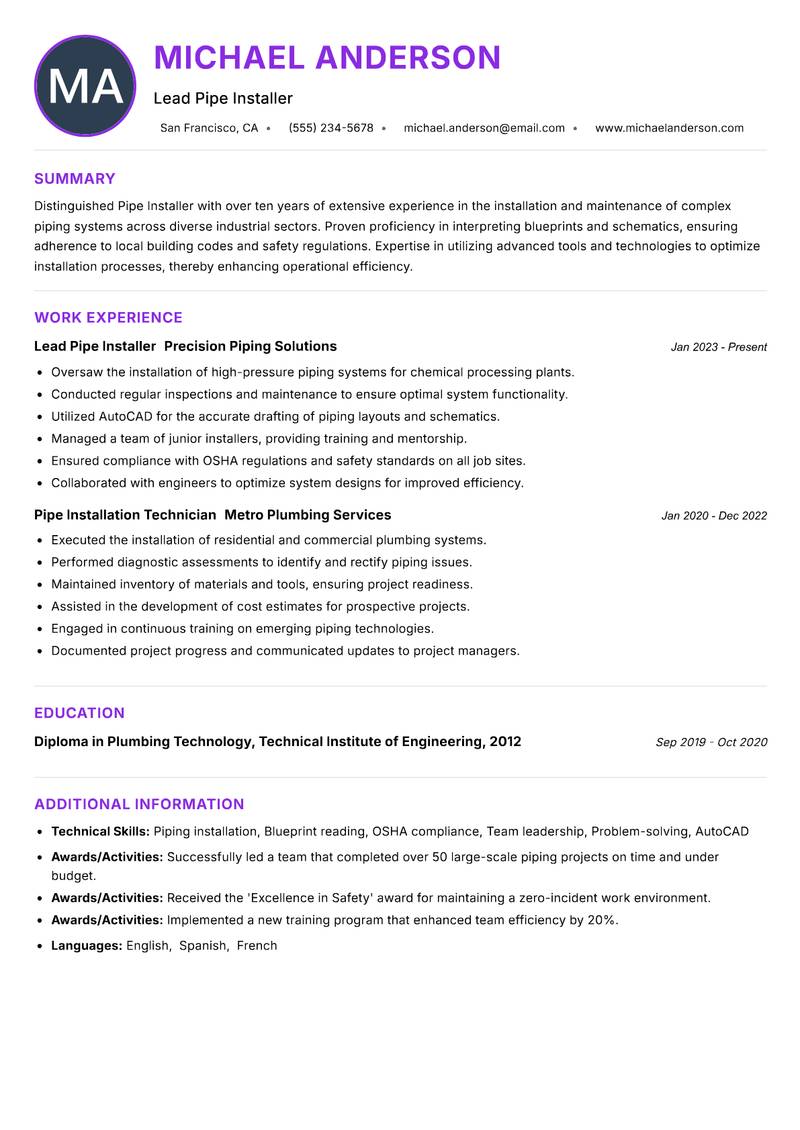Pipe Installer resume example — ATS-friendly template