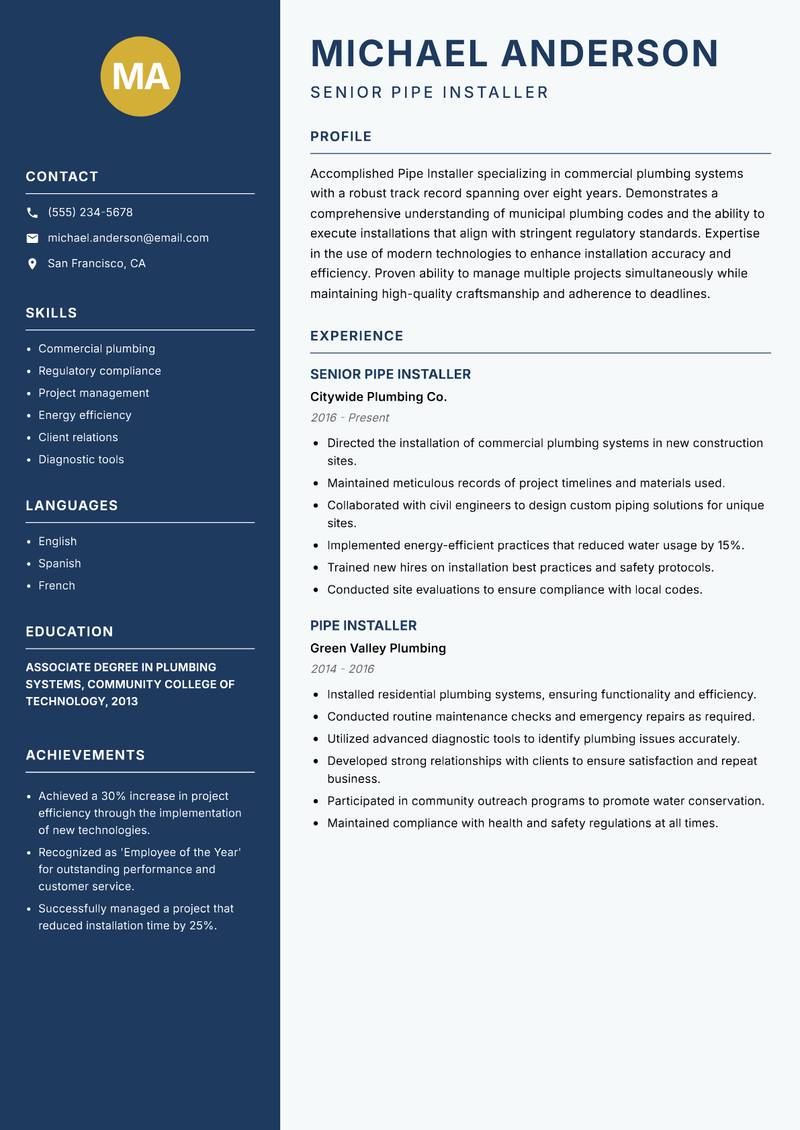 Pipe Installer resume template — Classic Clean