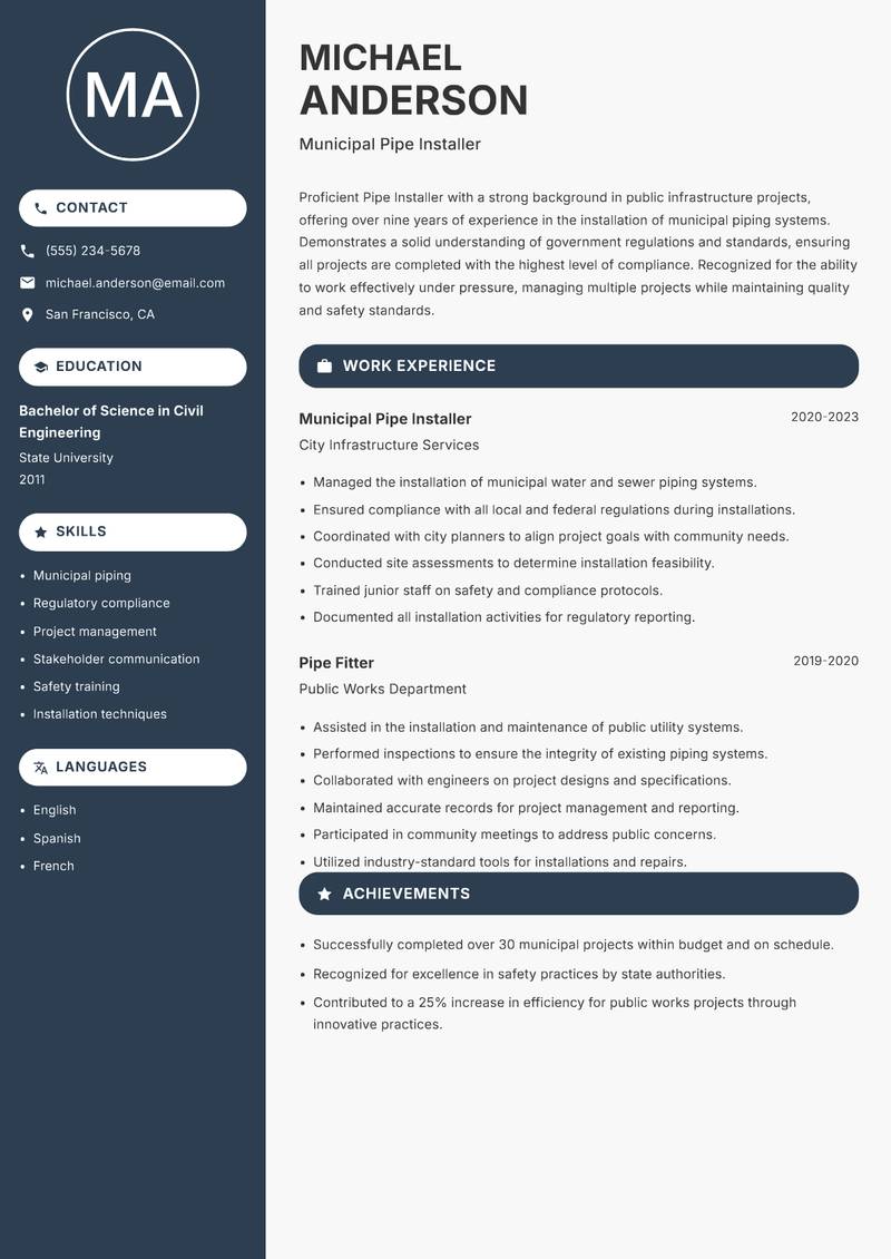 Pipe Installer resume template — Compact