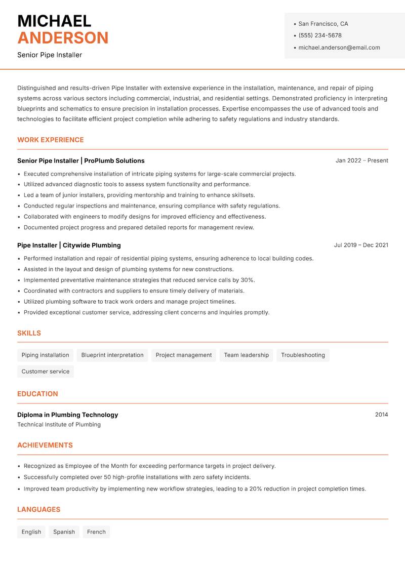 Pipe Installer resume template — Modern Professional