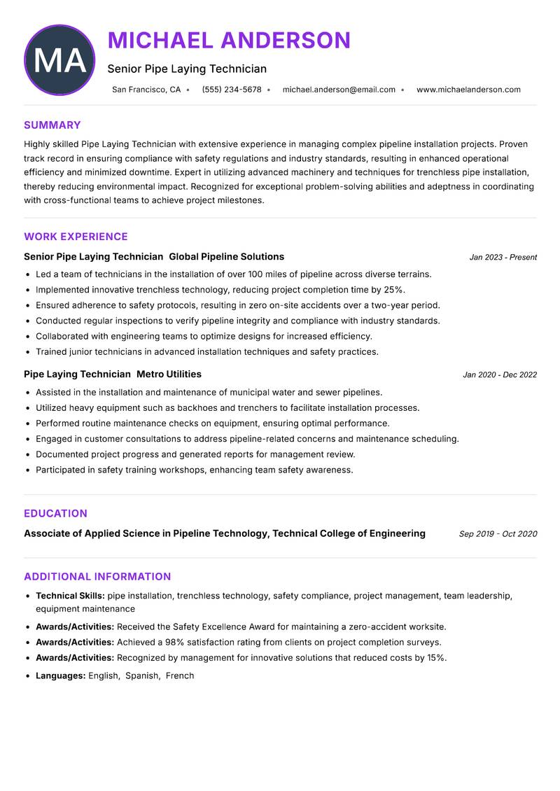 Pipe Laying Technician resume example — ATS-friendly template