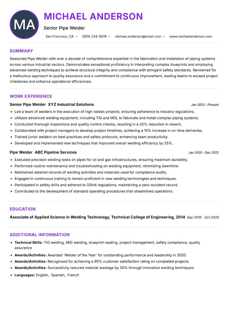Pipe Welder resume example — ATS-friendly template