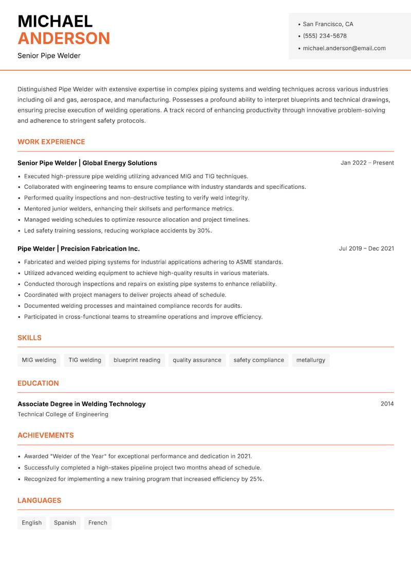 Pipe Welder resume template — Modern Professional