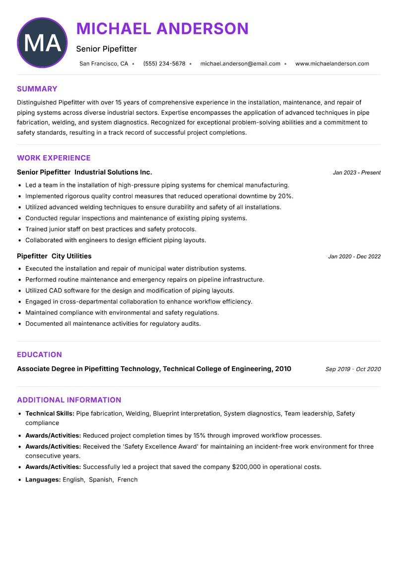 Pipefitter resume example — ATS-friendly template
