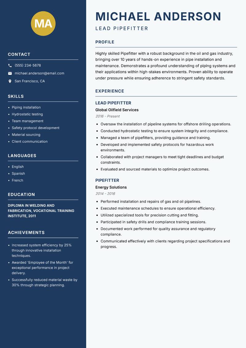 Pipefitter resume template — Classic Clean