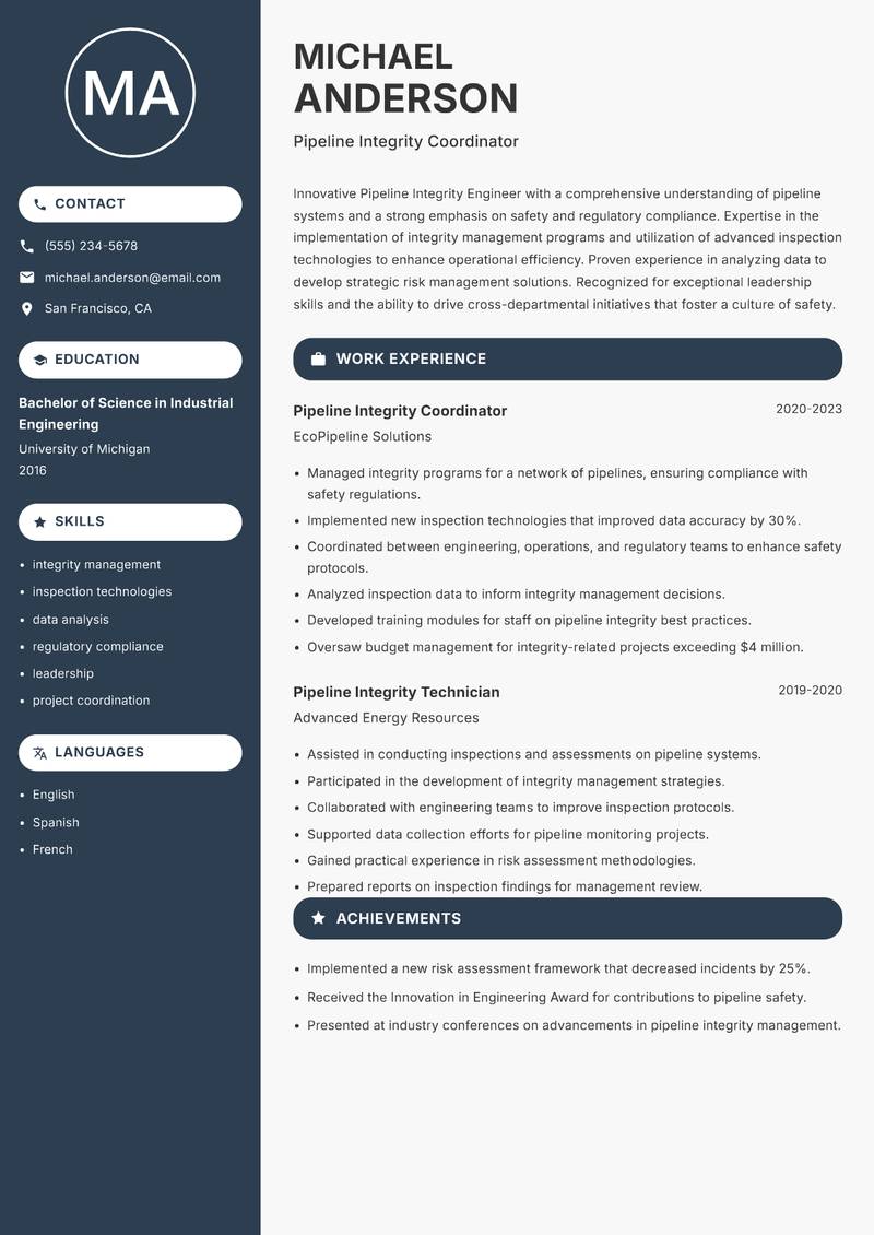 Pipeline Integrity Engineer resume template — Compact