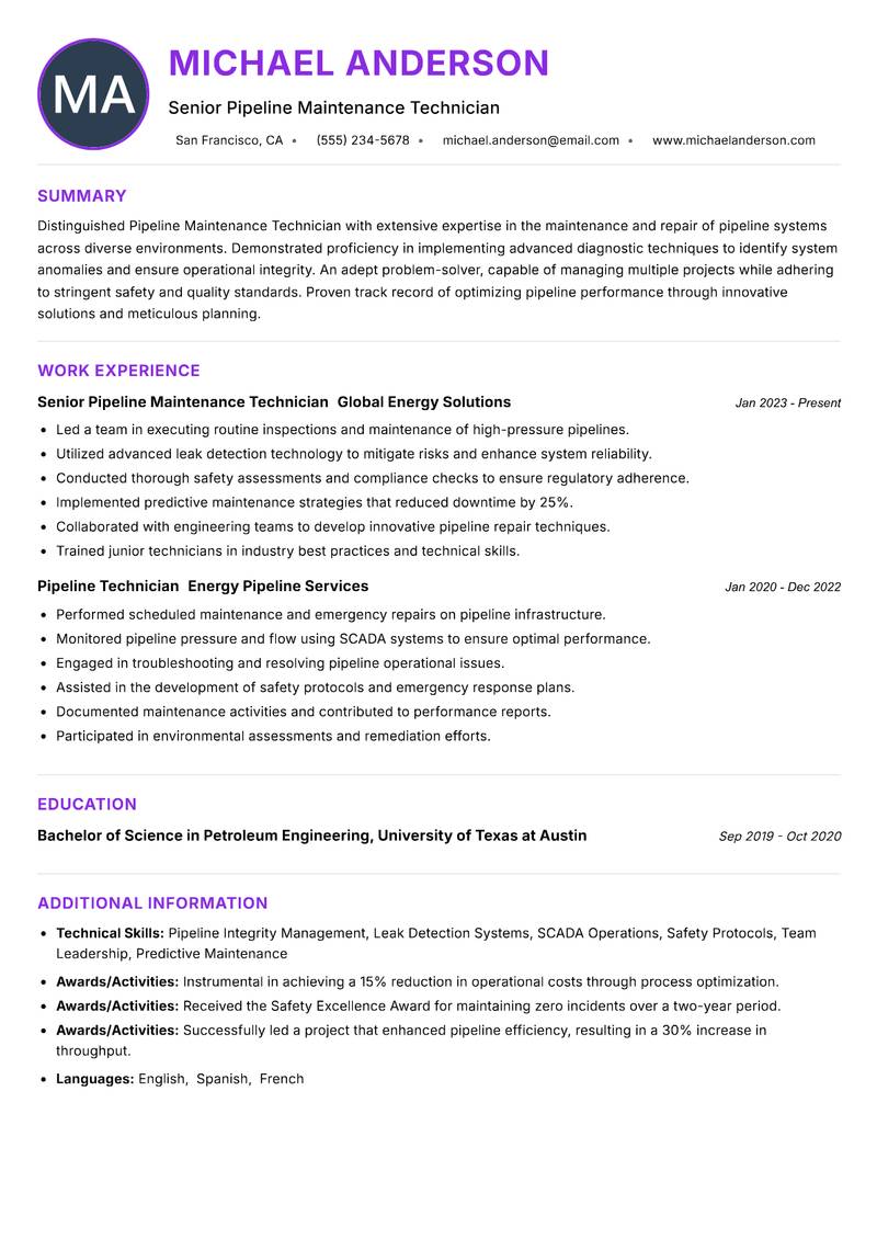 Pipeline Maintenance Technician resume example — ATS-friendly template