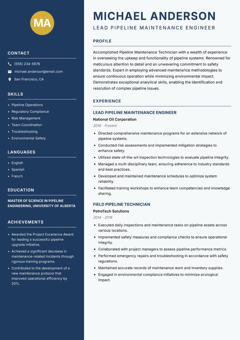 Pipeline Maintenance Technician resume template — Classic Clean