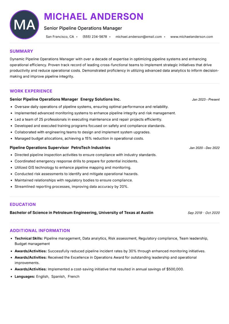 Pipeline Operations Manager resume example — ATS-friendly template