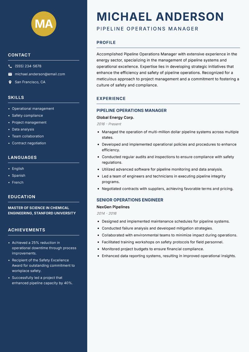 Pipeline Operations Manager resume template — Classic Clean
