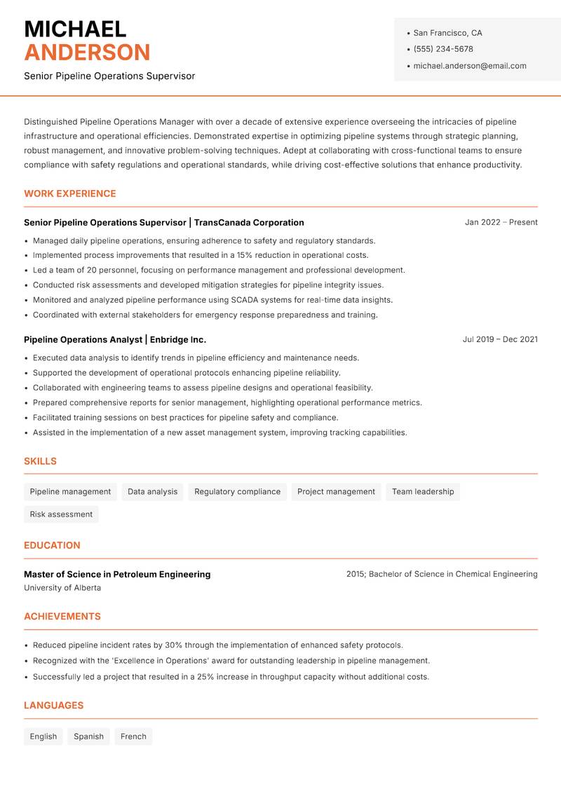 Pipeline Operations Manager resume template — Modern Professional