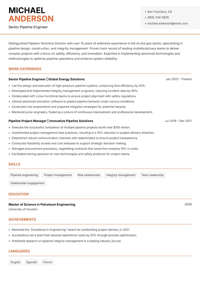 Pipeline Technical Director resume template — Modern Professional