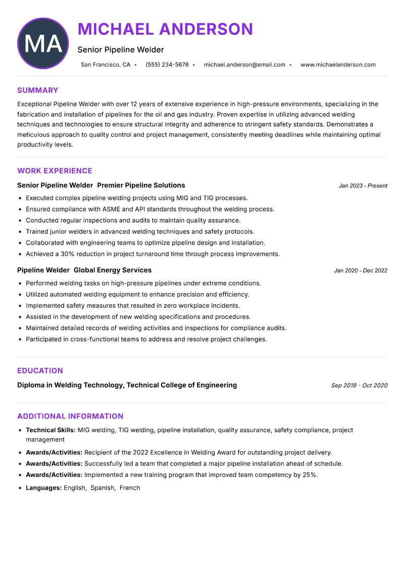Pipeline Welder resume example — ATS-friendly template