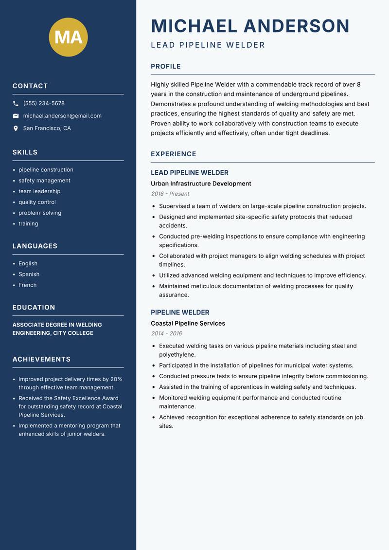 Pipeline Welder resume template — Classic Clean