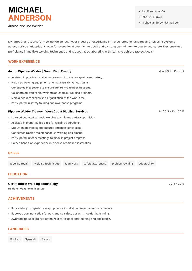 Pipeline Welder resume template — Modern Professional