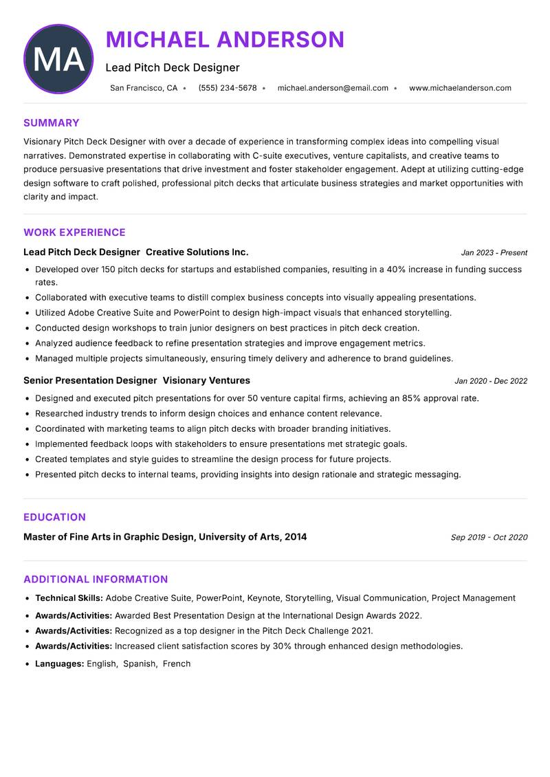 Pitch Deck Designer resume example — ATS-friendly template