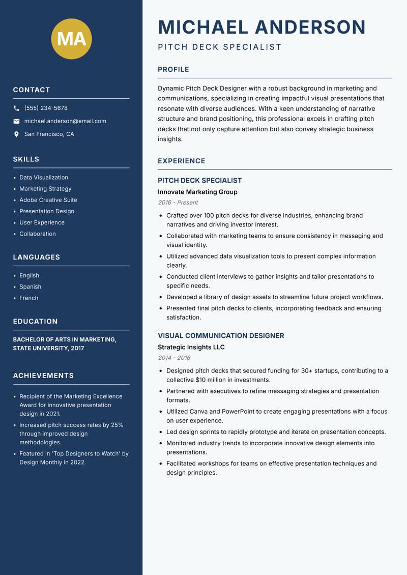 Pitch Deck Designer resume template — Classic Clean