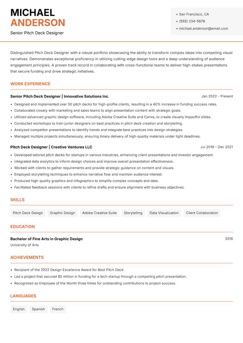 Pitch Deck Designer resume template — Modern Professional