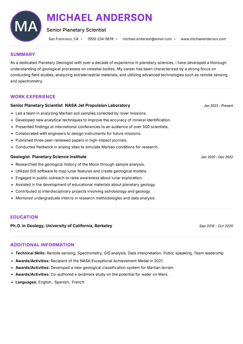 Planetary Geologist resume example — ATS-friendly template
