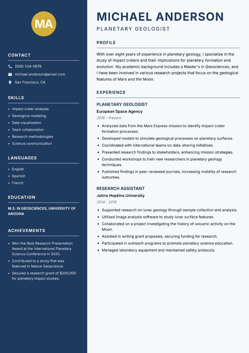 Planetary Geologist resume template — Classic Clean