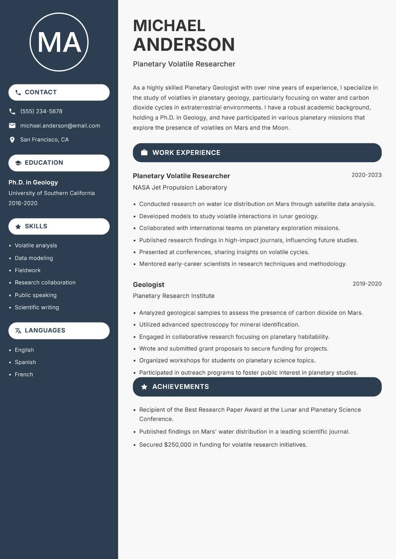 Planetary Geologist resume template — Compact