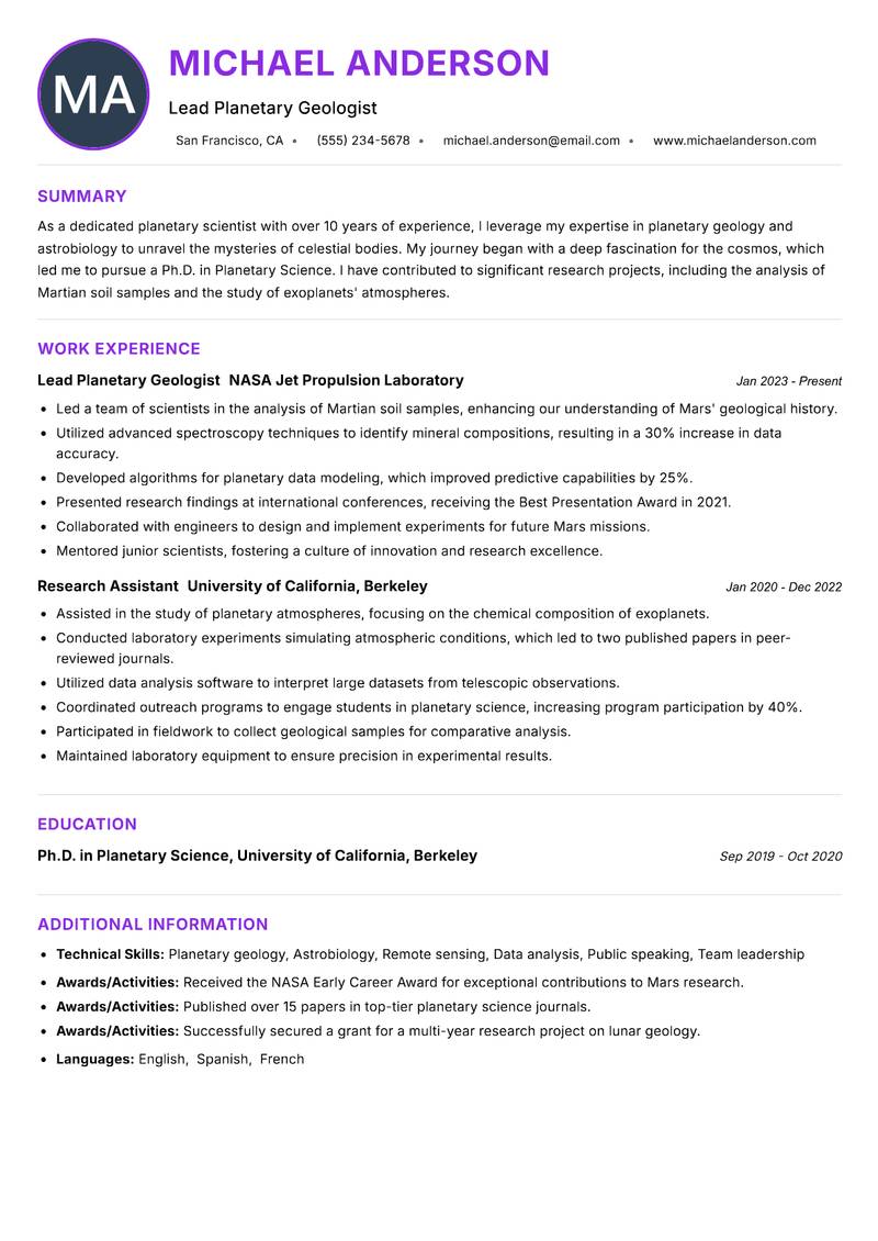 Planetary Scientist resume example — ATS-friendly template