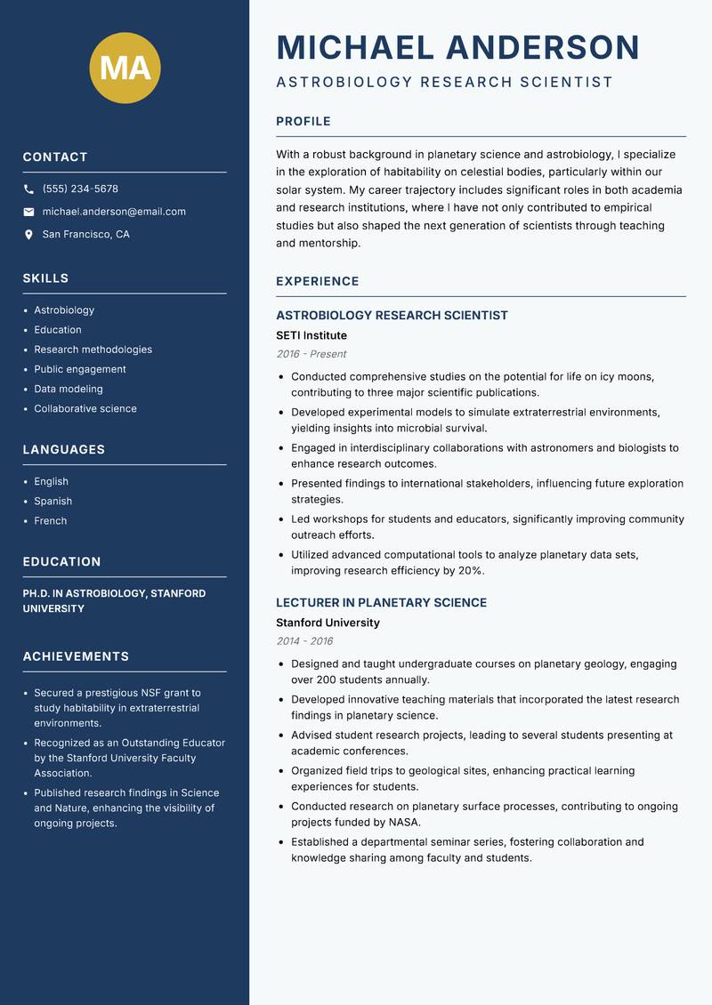 Planetary Scientist resume template — Classic Clean