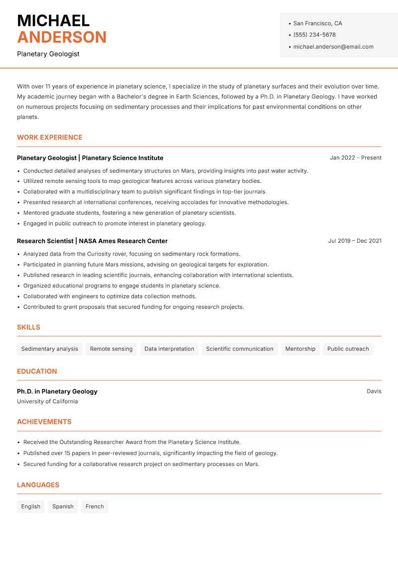 Planetary Scientist resume template — Modern Professional