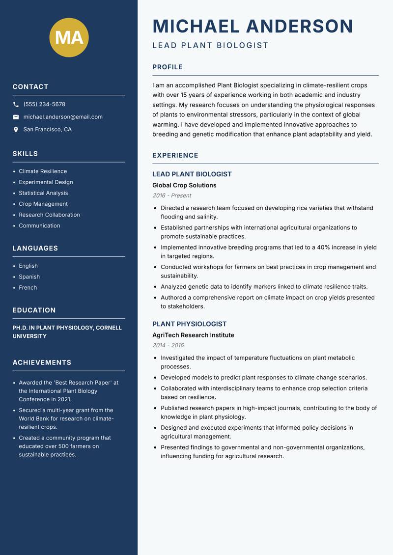Plant Biologist resume template — Classic Clean